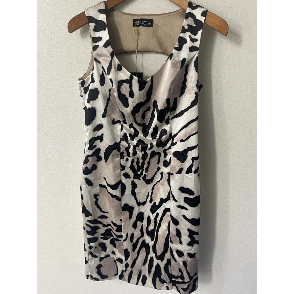 Camilla Milano Rasatello Zebra Size 46 Beige Black Midi Poly Elastine Dress New